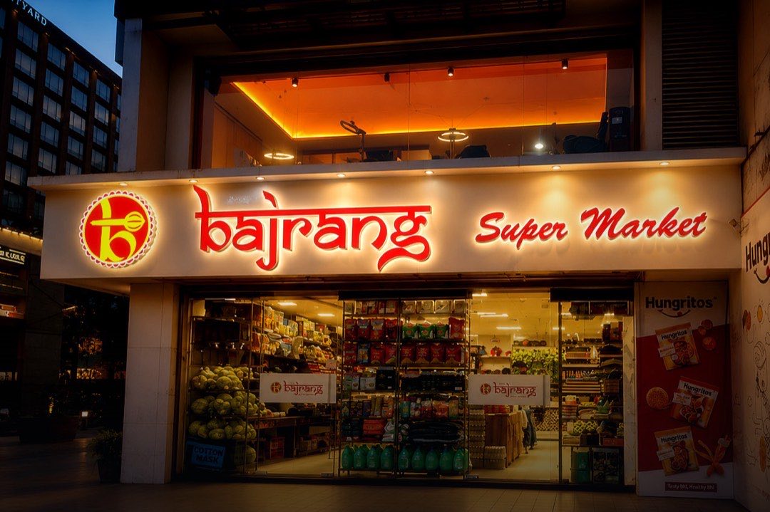 Bajrang Super Market Glowing Sign Board by Aadlabs